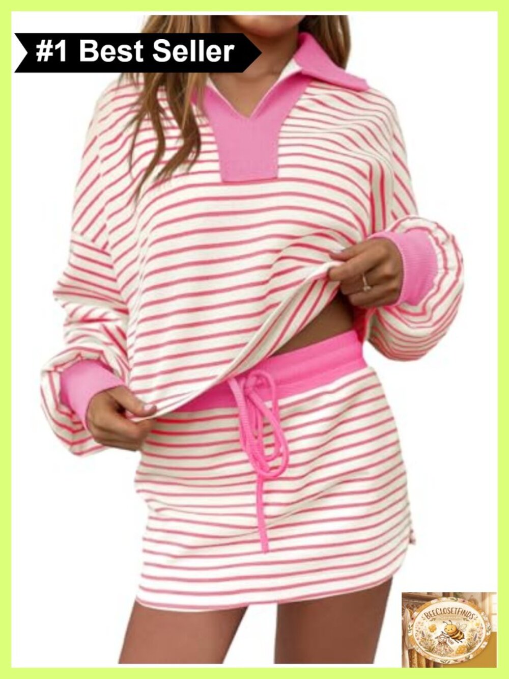 Striped 2 Piece Outfit Long Sleeve V-Neck Sweatshirt Skirt Set with Built-In